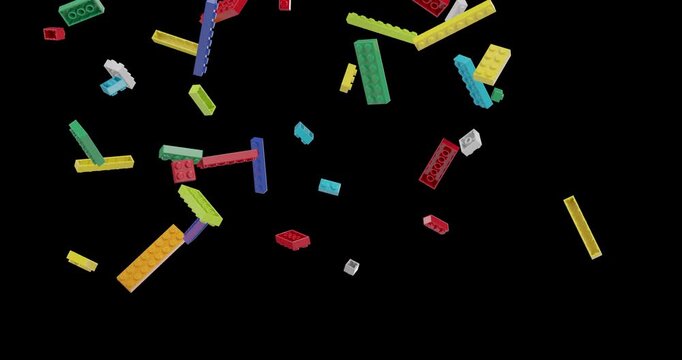 Toy plastic building bricks falling and rotating in slow motion footage with alpha channel (ProRes, 4K only). 3D FX animation