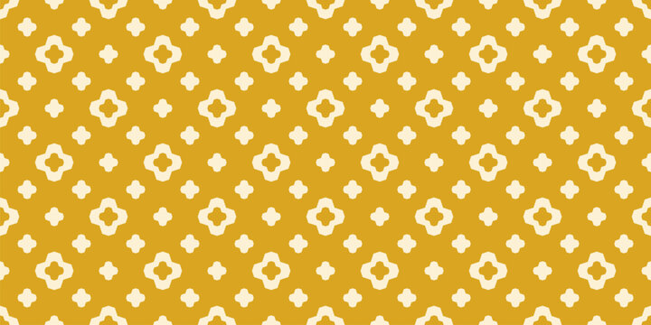 Simple vector seamless pattern. Vintage floral geometric texture with flower silhouettes, cross shapes, stars. Minimalist abstract graphic background. Mustard yellow color ornament. Repeating design