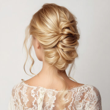 Elegante Hochsteckfrisur bei einer Frau von hinten, detailreiches Hairstyling mit nat&uuml;rlichem Look. Beauty- und Modefotografie f&uuml;r Hochzeit, Event, Salon, Eleganz und zeitlose Sch&ouml;nheit.