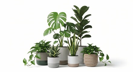 Fototapeta premium Collection of various potted houseplants including Monstera and Snake plant in modern ceramic pots isolated on a white background for interior design