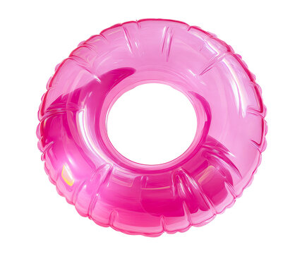 Pink translucent inflatable swimming ring with a glossy plastic texture and a subtle dolphin shape inside, seen from a top-down perspective under bright studio lighting