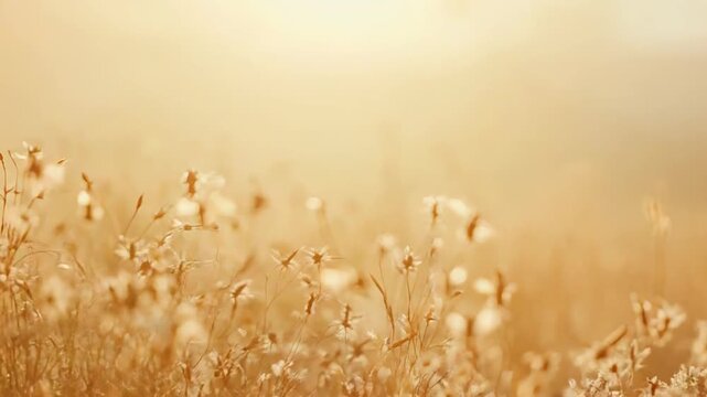 Wild grass and dried plants swaying gently in a field, bathed in the soft, warm glow of golden hour light, creating a serene and ethereal natural setting with ample copy space