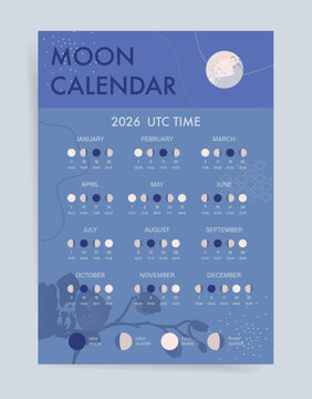 Blue 2026 moon calendar with lunar phases and UTC time. One page modern 2026 Lunar Calendar Phases Poster for astronomy science, astrology practice and moon cycle reference.
