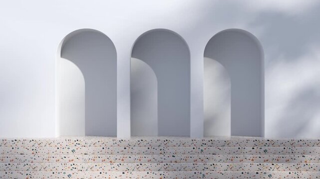 Geometric arched wall with layered cutouts and shadows of tree branches. 3D architectural background. Design for banner, poster, wallpaper, and header.