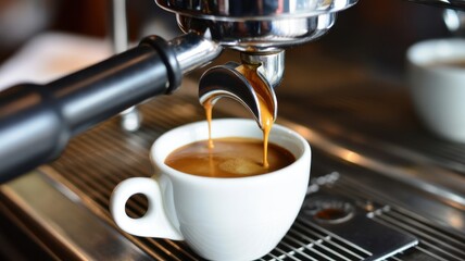 Art of Brewing: Capturing the essence of a perfect morning, a fresh espresso is brewed with expertise. Every detail of the brewing process is beautifully showcased.