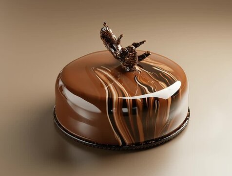 Delicious chocolate cake with mirror glaze and decoration on brown background