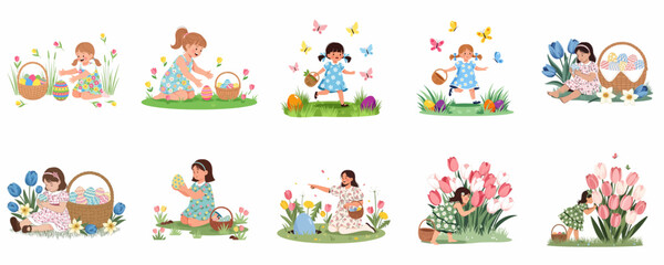 Fototapeta premium Joyful girls celebrating Easter and spring holidays, finding colorful decorated eggs in baskets among bright tulips and blooming flowers.