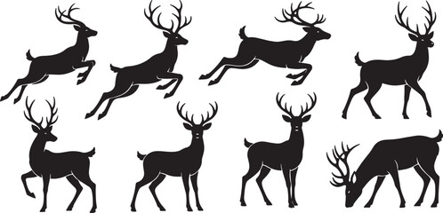 Set of 8 deer silhouettes vector isolated PNG with Transparent Background