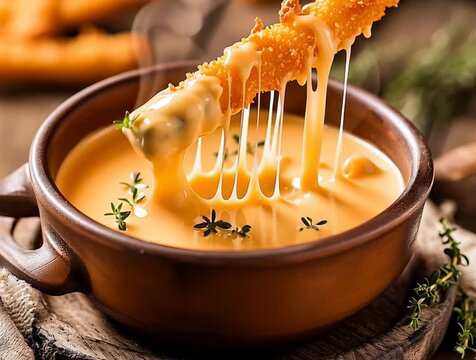 Cheese sauce with thyme and breadsticks dipping in bowl