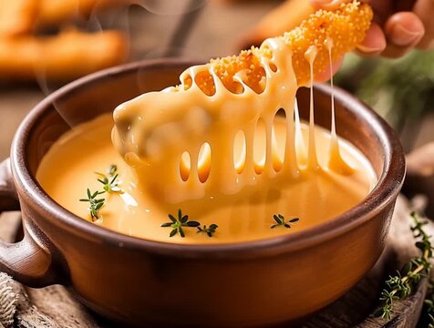 Cheese sauce with thyme and breadsticks dipping in bowl