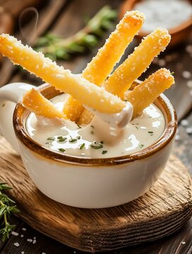 Grissini breadsticks dipped in a creamy sauce with herbs