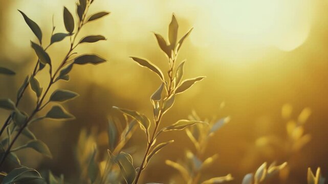 Delicate green leaves are backlit by the warm, diffuse glow of golden hour, creating a serene and natural background highlighting growth and organic beauty in a tranquil outdoor setting