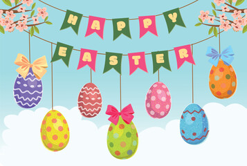 Easter banner. Colored eggs hanging on strings. Happy Easter.