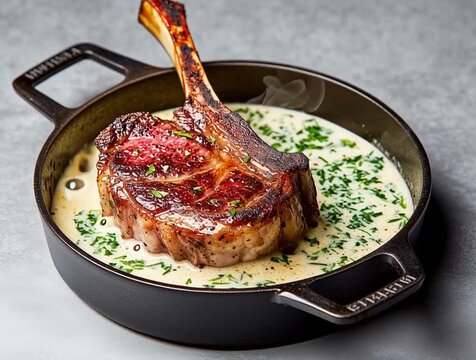 Delicious tomahawk steak with bone in creamy sauce and parsley