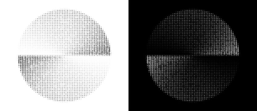 Two identical circular shapes made of all digits (0&ndash;9), shown in reversed colors: black digits on white and white digits on black. Abstract digital design symbolizing data, contrast, and symmetry.