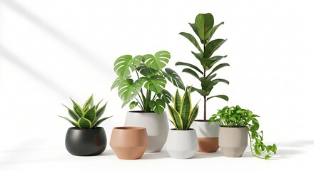 Fototapeta premium Collection of various potted houseplants including snake plant and monstera in modern ceramic pots isolated on a clean white background for interior design