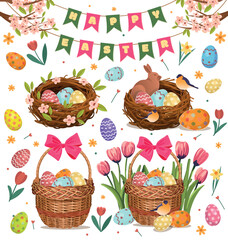 Easter set, baskets with colored eggs and nests with eggs and a chocolate bunny. Easter basket. Wicker rattan basket with eggs. Realistic vector illustration.