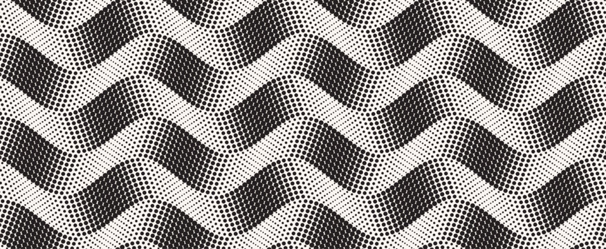 Black dots arranged in sinusoidal wave seamless patterns on white background. Abstract optical illusion design with varying dot size, creating motion, depth, and visual rhythm.
