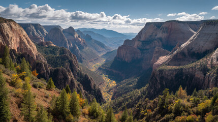 Naklejka premium A breathtaking canyon landscape with rugged mountains and evergreen trees under a blue sky