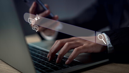 Naklejka premium Closeup hands using laptop and smartphone with AI-powered search bar overlay, artificial intelligence digital search engines, SEO optimization, keyword ranking, web browsing, and online information.