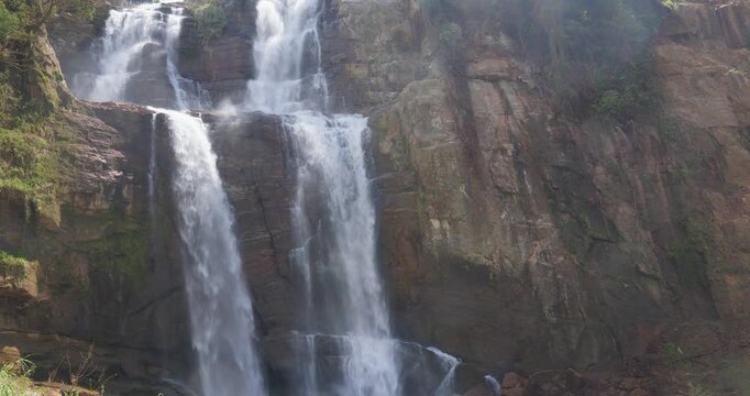 Ramboda Falls Cascading Over Rocky Cliff in the Central Highlands of Sri Lanka