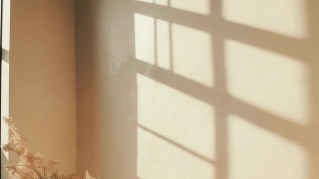 Neutral kitchenware and dried flowers sitting on a shelf, with warm morning sunlight casting window shadows across the beige wall, creating a serene and minimalist interior scene