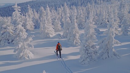 Beautiful Winter Mountain Scenery with Man on Cross-Country Skis