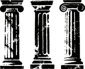 Naklejka premium Illustration of three distressed ancient greek architectural columns in doric, ionic, and corinthian styles