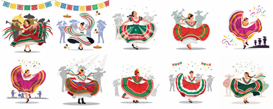 Mexican Folkloric Dance Collection: Vibrant illustrations of women in traditional dresses celebrating Mexican culture and traditions with music and fiesta elements.