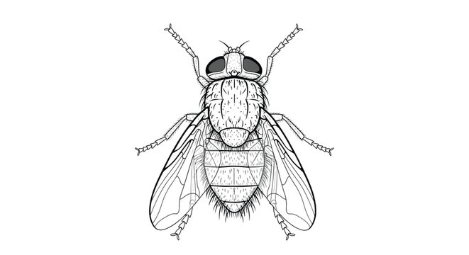 A detailed black and white scientific illustration of a common housefly viewed from above, showing its anatomical features in a line art style.