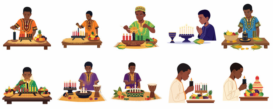 Multiple illustrations of African American boys celebrating Kwanzaa, lighting the Kinara, and engaging with cultural symbols of unity and heritage.