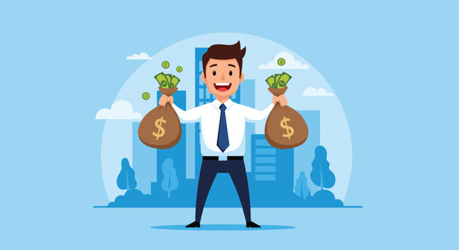 A successful cartoon businessman standing in a city, happily holding two large bags of money with dollar signs, symbolizing wealth and profit.