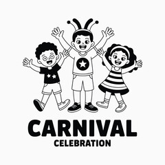 Carnival Celebration Happy Kids Dancing Together Line Art Vector Illustration