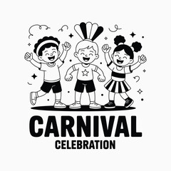 Carnival Celebration Happy Kids In Costume Line Art Vector Illustration