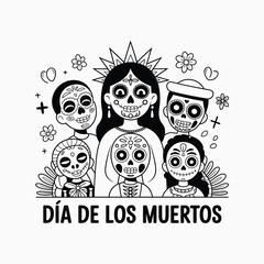 Dia de los Muertos Celebration Sugar Skull Family Line Art Vector Illustration