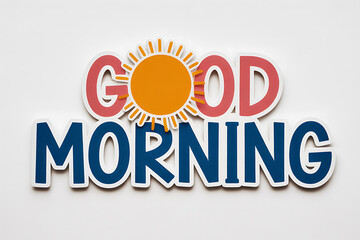 Good Morning Typography Sticker with Orange Sun Hand Drawn on White Background