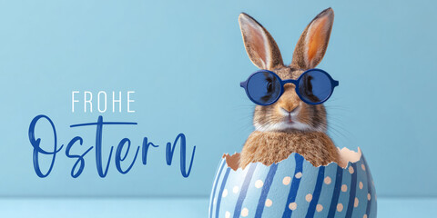 Frohe Ostern Konzept, Ferien Feiertag Gru&szlig;karte, Karte mit deutschem Text - Osterhase Feldhase Hase mit Sonnenbrille in Osterei, isoliert auf blauem Hintergrund