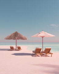 Fototapeta premium Minimal Beach Resort Features Sun Loungers and Umbrellas on Soft Pastel Shore With Calm Sea Under Blue Sky in a High End Vacation Setting