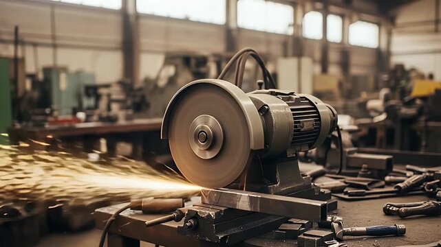 Industrial metal grinding sparks fly from bench grinder in busy workshop