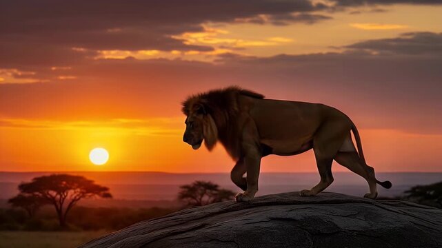 lion on rock at sunset over african savannah