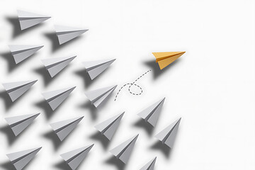Paper Plane Leadership Concept with One Plane Pointing Direction on White Background