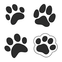 Fototapeta premium Hand-drawn cartoon set of black paw prints on a white background.
