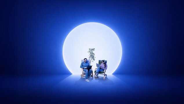 Futuristic poster remote work colleagues with laptops and glowing circle. Concept of next generation SaaS, fintech ecosystems, HR automation and cloud based digital transformation.