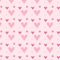 Seamless cute heart pattern in soft pink tones with dots on pastel background. Romantic playful repeating texture for Valentine design, wrapping paper, textile, stationery, and branding. © Ксения Раневская