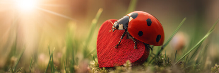 Romantic Macro Image of a Ladybug Resting on a Red Wooden Heart in Green Grass, Symbolizing Luck in Love and Valentines Day, with Soft Light and Clean Blurred Background with copy space. Generative Ai