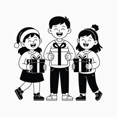 Happy Kids Holding Gift Boxes Smiling Celebration Line Art Vector Illustration