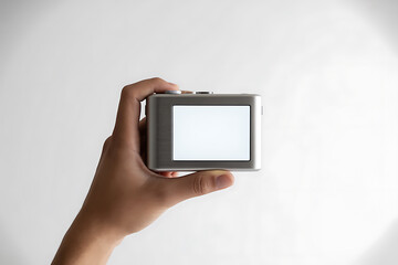 Digital Camera in Hand with White Blank Display Isolated on White Background