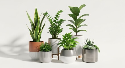 Fototapeta premium Collection of diverse houseplants in modern pots indoor greenery for home decor and office design isolated on a clean white background