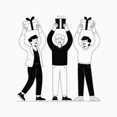 Happy People Lifting Gift Boxes Celebration Line Art Vector Illustration