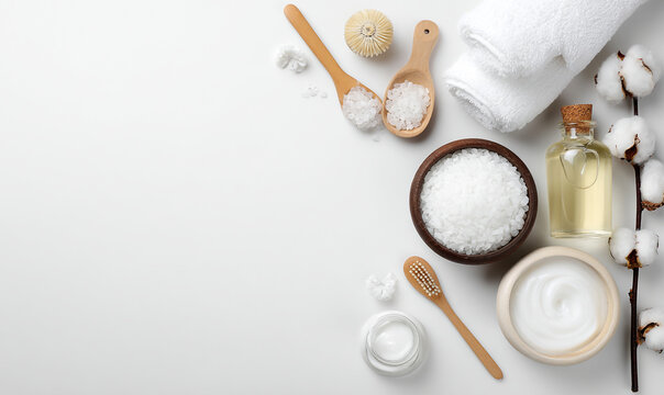 A selection of natural spa products and accessories on a clean white background
